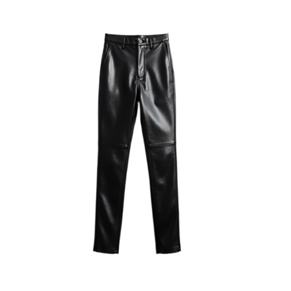 Vintage 1980s Siena Studio Black Leather Super High Waist Pants Size 6 24" Waist